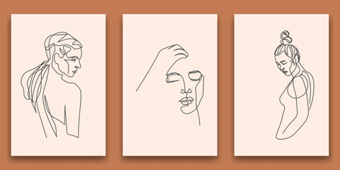 Surreal Faces Continuous line, drawing of set faces and hairstyle, fashion concept, woman beauty minimalist, vector illustration pretty sexy. Contemporary portrait