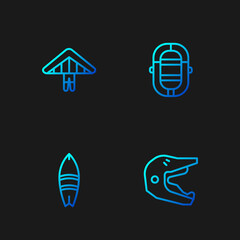 Set line Motocross motorcycle helmet, Surfboard, Hang glider and Rafting boat. Gradient color icons. Vector
