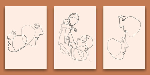 Continuous line family parent child love simple line vector illustration