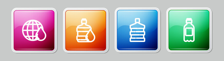 Set line Earth planet in water drop, Big bottle with clean, and Bottle of. Colorful square button. Vector