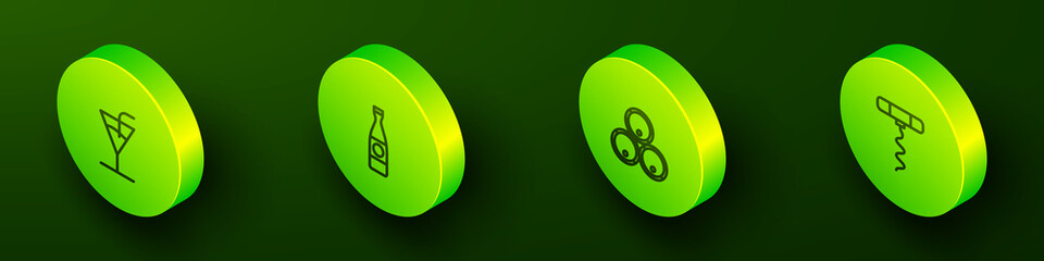 Set Isometric line Cocktail, Beer bottle, Wooden barrels and Wine corkscrew icon. Vector