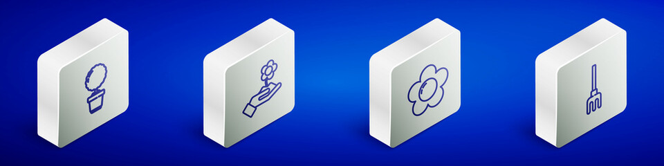 Set Isometric line Flower in pot, Hand holding flower, and Garden rake icon. Vector