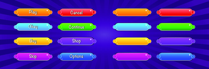 Game ui set of Buttons. GUI to build 2D games. Vector. Can be used in the production of mobile, web or video games. Game buttons design. Game button. Button design for 2D game. 2D Game button design.