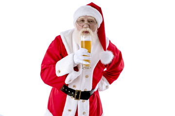 Santa Claus with a glass of beer on white background isolated