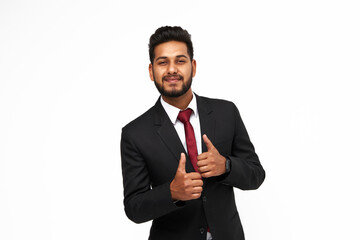 Young indian manager with happy emotion on white isolated background looking to the camera.