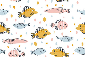 Childish fish seamless pattern - kids design for fabric, wrapping, textile, wallpaper, background.