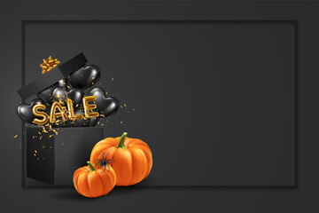 Halloween shopping and sale banner with realistic pumpkin near gift box with black and sale balloons. Sale. illustration. Copy space. High quality photo