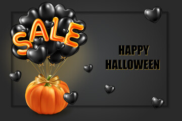 Halloween shopping and sale banner with realistic pumpkin and black and sale balloons on black background. Sale. illustration. Copy space. High quality photo