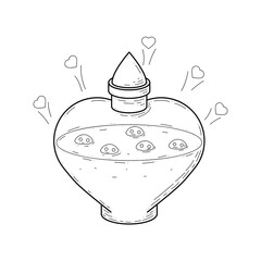 Black Simple Line Glass Flask Heart Doodle Outline Love Potion Drink Elixir Liquid Element Vector Design Style Sketch Isolated Illustration Magic Witchcraft