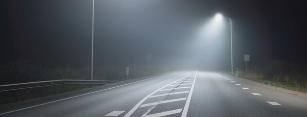 Panoramic view of the illuminated new highway in a fog at night, street lights close-up. Moonlight. Dark urban scene. Europe. Transportation, logistics, travel, tourism, road trip, freedom, driving