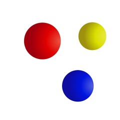 Red, blue and yellow spheres with white background.