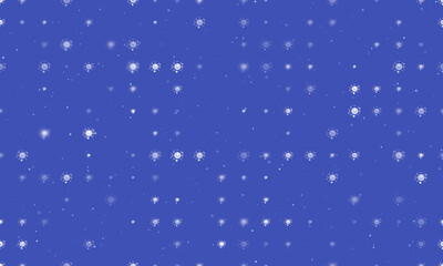 Seamless background pattern of evenly spaced white cosmic symbols of different sizes and opacity. Vector illustration on indigo background with stars