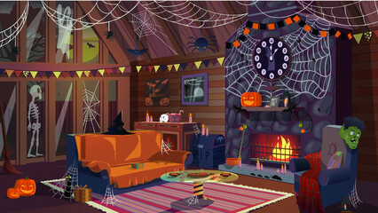 Vector image of a home interior with upholstered furniture, a warm fireplace, a coffee table and large windows, the interior is decorated for a Halloween holiday with different beautiful and scary dec