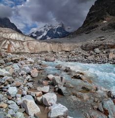 Ushba glacier, the source of the waterfall, Svaneti, Georgia.