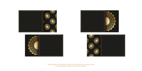 Black business card template with golden vintage ornament