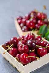 Small wooden boxes with fresh ripe sour kriek cherry berry