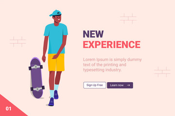 Landing page template: young man walking and a purple skateboard behind him. Web page of sports courses. Urban life. New experience. Skating theme