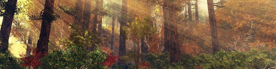 Autumn forest in the rays of light, autumn park in the rays of the sun, park in the morning in the rays of sunrise, 3D rendering