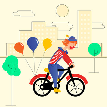 Happy circus clown. Cartoon illustration. Man riding a bike in the city. Birthday balloons. Urban background.