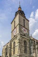 Gothic style Black Church (Biserica Neagra, 1476) in the Brasov old town. Brasov, Transylvania, Romania.