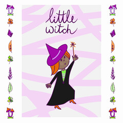 Happy Halloween! Vector cute illustration of a witch preparing a potion; witch with cat; oher wiches and a set of objects. Drawings for card, poster or background.