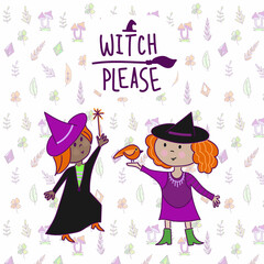 Happy Halloween! Vector cute illustration of a witch preparing a potion; witch with cat; oher wiches and a set of objects. Drawings for card, poster or background.