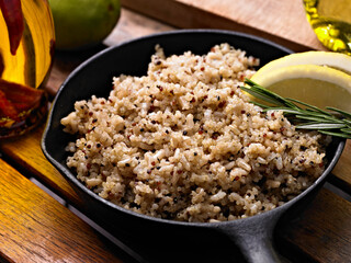 Cooked Quinoa in a cast iron pot