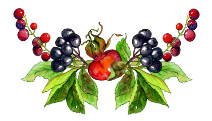 border of watercolor elements - red and black wild berries on branches with leaves.
decorative illustrations for invitations, cards and decor.