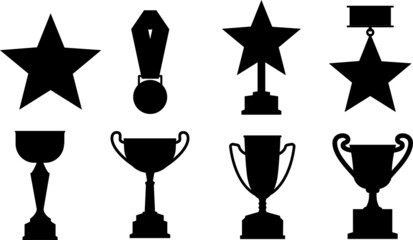 The silhouette of the cups. Vector cup with victory trophy, sports award, champions badges isolated on a white background, black silhouette.