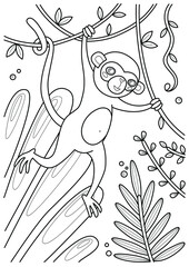 Cartoon page for coloring book with monkey, hand-drawn vector illustration.
