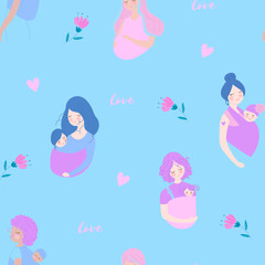 I love you. Pregnant girl. Future mom and her baby. Seamless pattern with mother and children. Mothers day background.