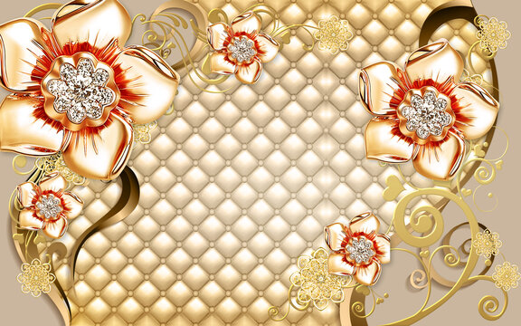 3d wallpaper golden diamond flowers on leather background home decor Stock  Illustration | Adobe Stock
