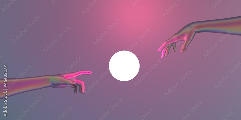 Poster Modern 3d illustration with two artificial hands about to touch each other, reminiscent of the scene of Adam's creation.