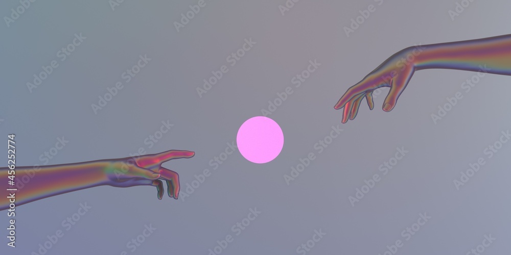 Poster Modern 3d illustration with two artificial hands about to touch each other, reminiscent of the scene of Adam's creation.