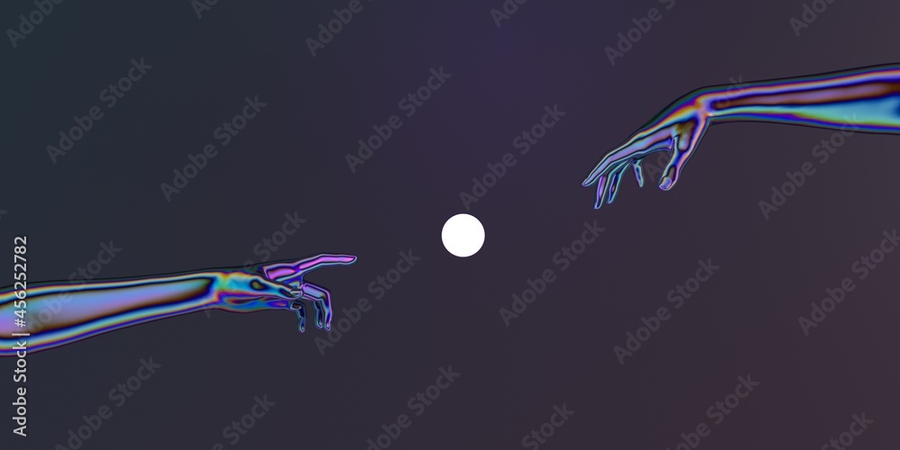 Poster Modern 3d illustration with two artificial hands about to touch each other, reminiscent of the scene of Adam's creation.
