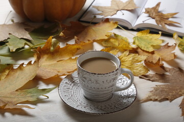 Naklejka na ściany i meble coffee, cup, drink, breakfast, pumpkin, autumn, book, notebook.