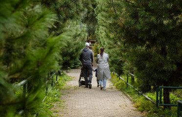 married couple is walking with  child along an alley of green trees. People were photographed from  back. Selective focusing.