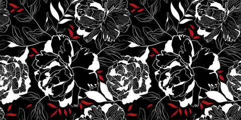 White and red linear peony floral black seamless pattern © Xenia Snowstorm