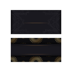 Black color greeting card template with gold mandala ornament