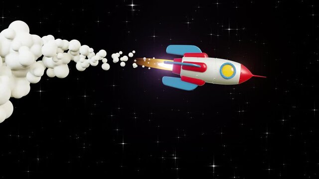 Rocket 3d with exhaust smoke flying in the space. Cartoon rocket boost in space. 3d looped animation.