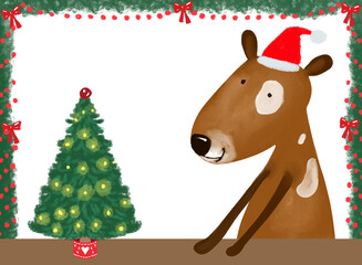hand drawn christmas card with cute puppy smiling, with place for text and christmas tree