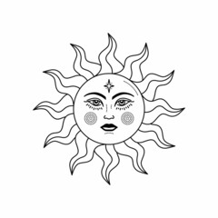 Celestial sun with face and opened eyes, stylized drawing, tarot card. Mystical element for design, logo, tattoo. Vector bohemian illustration isolated on white background.