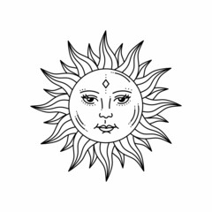 Celestial sun with face and opened eyes, stylized drawing, tarot card. Mystical element for design, logo, tattoo. Vector bohemian illustration isolated on white background.