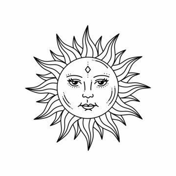 Celestial sun with face and opened eyes, stylized drawing, tarot card. Mystical element for design, logo, tattoo. Vector bohemian illustration isolated on white background.