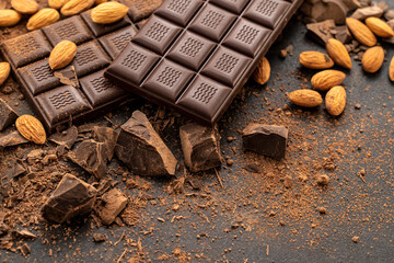 Cooking chocolate bars with almonds, desserts, handmade sweets. Composition of bars and pieces milk and dark chocolate, grated cocoa on black background top view. Confectionery craft on table