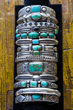 Native American silver and turquoise bracelets in Santa Fe, New Mexico.