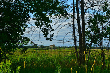 A country house in the Islands of Boucherville national park at the bank of Lawrence (Laurent) River, Montreal, QC on a cloudy summer day. The trees and grass on the river banks