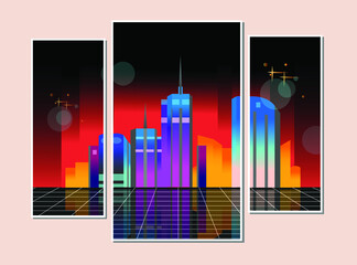 City urban silhouette skyscraper building sunset neon blue red
purple color retro 80s vintage style with gradient background modular painting triptych. Vector illustration for wall design, other.