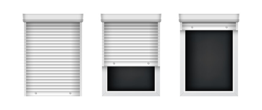 Set of plastic windows with blinds. Realistic roller shutters for glass windows. Closed and open window mockup for interior decoration design