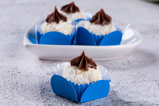 Gourmet powdered milk brigadier covered with hazelnut paste. typical brazilian sweet